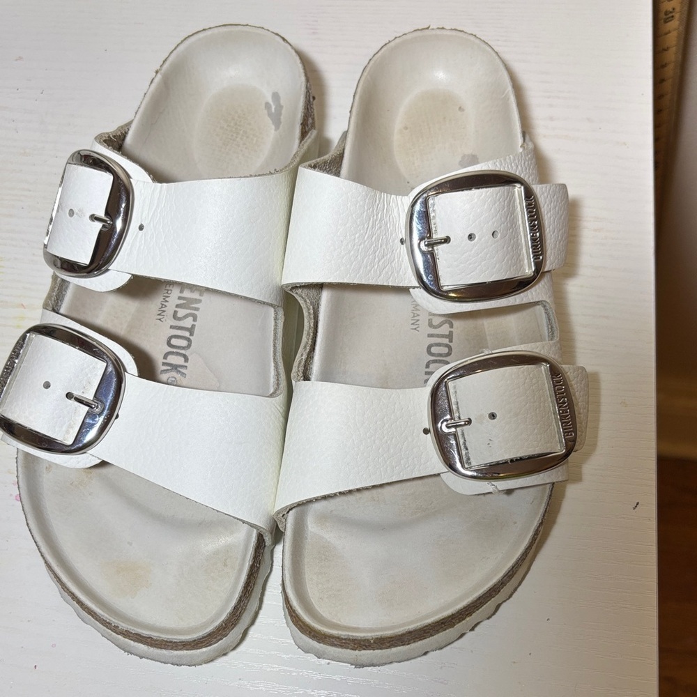 Birkenstock White Sandals with Silver Buckles